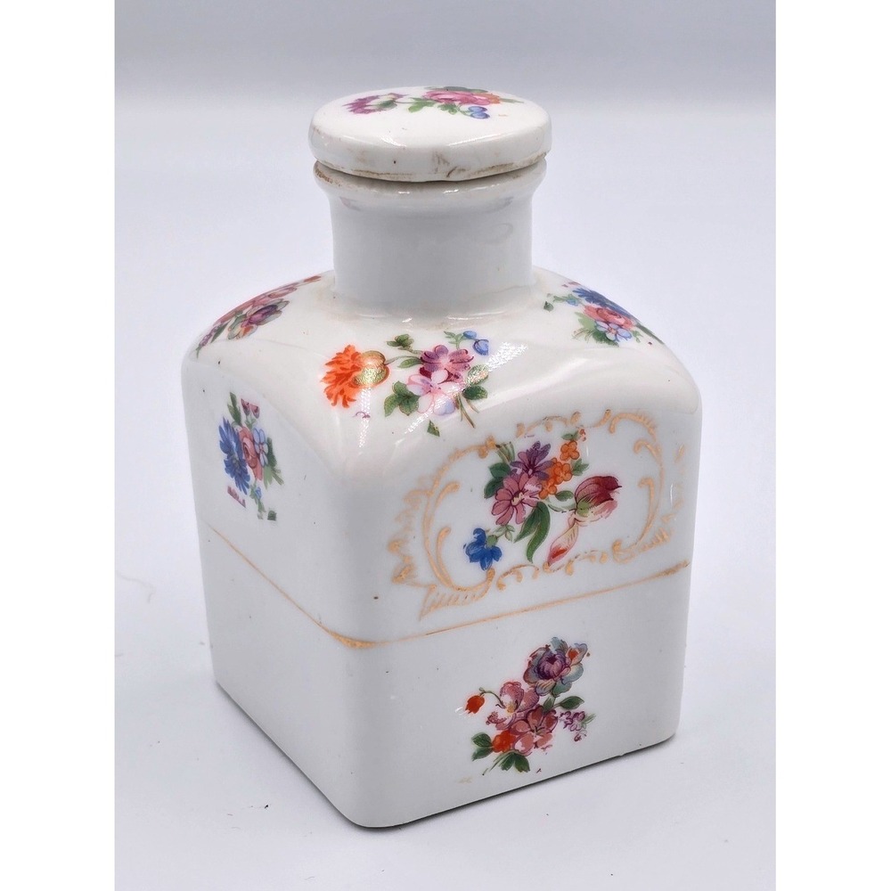 Vintage Irice Square Porcelain Hand-Painted Floral Perfume Bottle Gilt Detail
